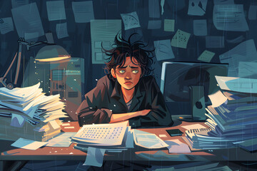 Obraz premium Burnt Out Man Overwhelmed with Office Work.