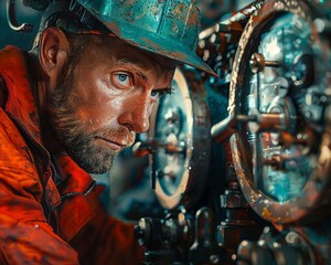Capture a close-up of an operator in an industrial setting, intensely focused while controlling complex machinery Show intricate details in digital painting