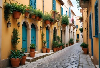 Obraz premium A narrow cobblestone street lined with colorful Mediterranean-style buildings, with potted plants and trees overhanging the walkway, creating a charming and picturesque scene
