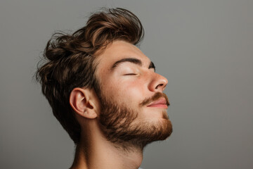 Fototapeta premium A close up of a man with beard and closed eyes looking to a side