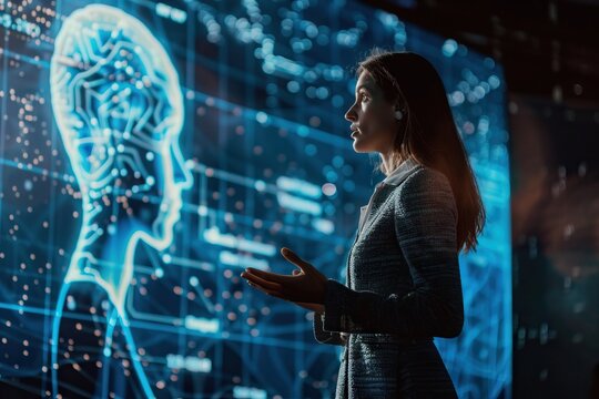 Female speaker discusses tech product  AI  data  machine learning. Startup event.