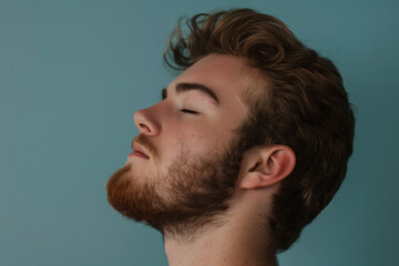 Obraz premium A close up of a man with beard and closed eyes looking to a side