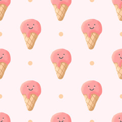 seamless pattern of pink ice cream cute with smiling face, suitable for any purpose. for example website design, mobile app, wallpaper, textile, etc