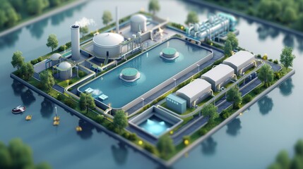 Smart reservoir scene, with a reservoir area in the middle, isometric illustration, Panoramic view of reservoirs, sewage treatment systems, sewage purification systems and facilities. Generative AI.