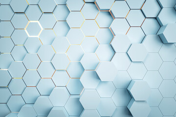 A blue hexagonal pattern with orange accents on a clean background, expressing a modern technology design concept. 3D Rendering