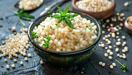 Tasty pearl barley porridge in bowl on dark table, flat lay