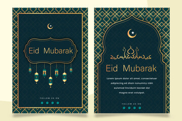 Naklejka premium Modern style Ramadan Mubarak greeting cards design. Windows and arches with moon, mosque dome and lanterns