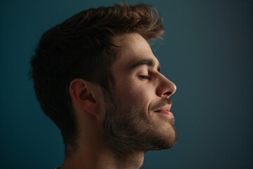 Fototapeta premium A close up of a man with beard and closed eyes looking to a side
