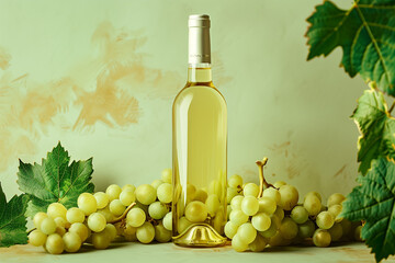 bottle of sauvignon blanc white wine with vine grapes