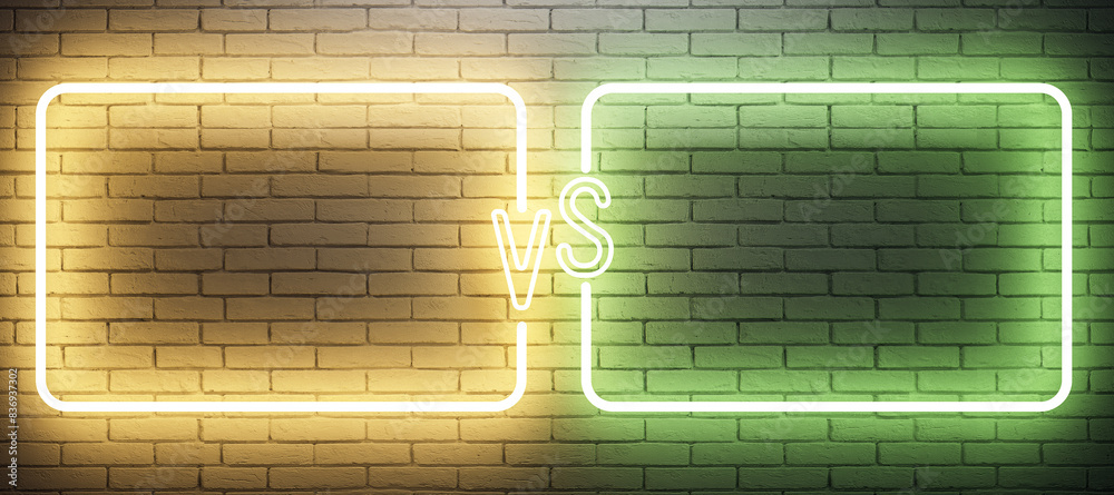 Poster Neon VS symbol between two illuminated rectangles on a brick wall background, concept of competition. 3D Rendering