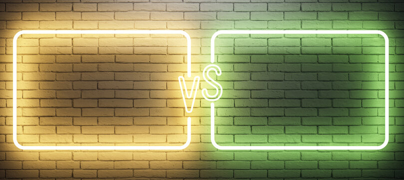 Neon VS symbol between two illuminated rectangles on a brick wall background, concept of competition. 3D Rendering - Powered by Adobe