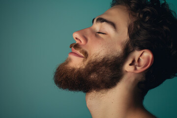Fototapeta premium A close up of a man with beard and closed eyes looking to a side