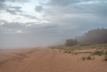 Empty sandy beach of Baltic sea covered with fog after rain during the sunset at summer