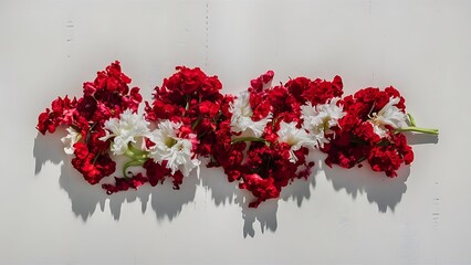 Flowers composition red and white flowers on white background flat lay top view