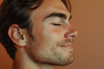 Obraz premium A close up of a man with beard and closed eyes looking to a side