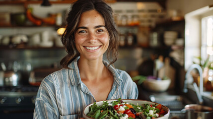 Caucasian woman in a casual shirt, smiling and holding a bowl of fresh salad