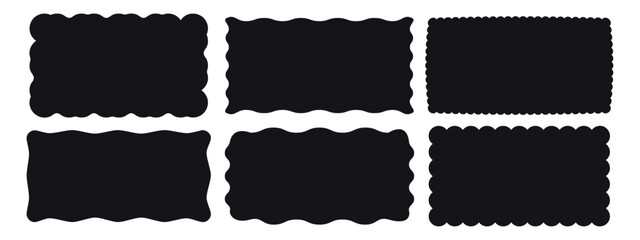 Obraz premium Set of rectangular frames with jagged wavy scalloped and zigzag edges. Rectangle jagged curved box element. Black shapes isolated on white background. Hand drawn vector illustration