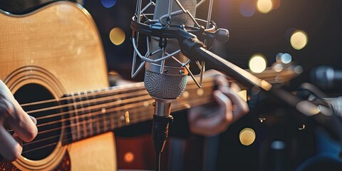 a image of a person playing a guitar in front of a microphone