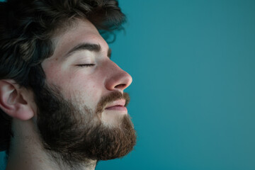 Fototapeta premium A close up of a man with beard and closed eyes looking to a side