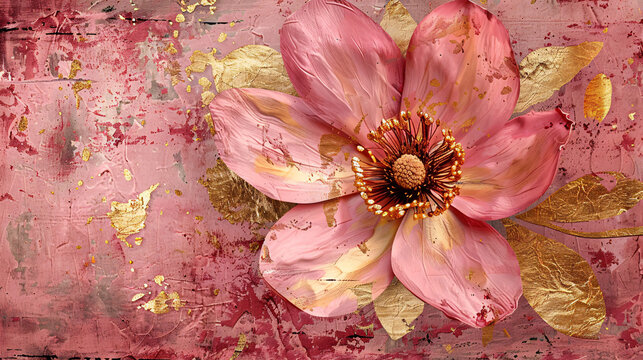 Creative pink and gold abstract flower design on a textured background, ideal for art prints