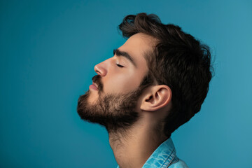 Fototapeta premium A close up of a man with beard and closed eyes looking to a side
