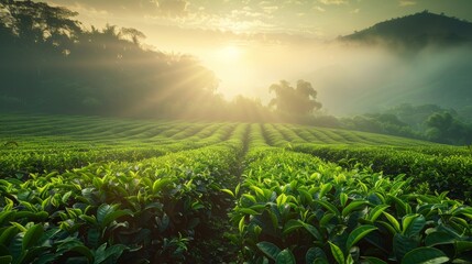 A calm, organic tea plantation with rows of lush green tea bushes, mist rising in the early morning light, showcasing the purity of nature.