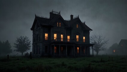 Fototapeta premium A foggy evening where the silhouette of a haunted house looms ominously, its exterior adorned with weathered shutters and broken windows ai_generated