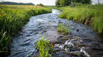 A clear stream flowing through a rejuvenated landscape, with fresh vegetation growing along the banks, symbolizing the renewal of the environment.