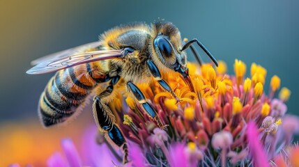 A close-up of a bee pollinating a colorful flower, symbolizing the vital role of pollinators in maintaining biodiversity and supporting sustainable ecosystems.