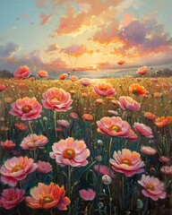 Fototapeta premium A vibrant field of pink flowers under a colorful sunset sky; nature's beauty in full bloom, perfect for spring-themed projects.