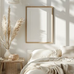 Frame mockup, home room bedroom interior with bed, framed wall poster
