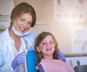 Dentist, child or portrait of doctor ready for teeth cleaning or cavity treatment for oral hygiene...