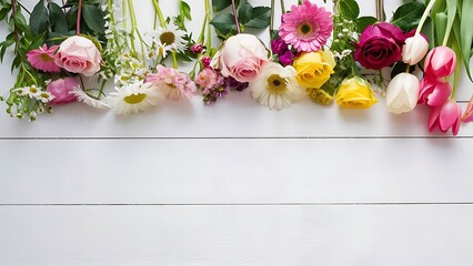 Top view image of flowers composition on white wooden background flat lay