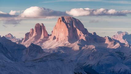 The Dolomites, Italy's most romantic mountain range. Granite peaks of pink color rise majestically.