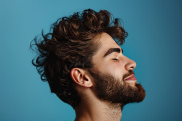Fototapeta premium A close up of a man with beard and closed eyes looking to a side