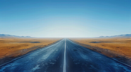 A straight road, Empty and clean, The background is clear blue sky, The floor is an asphalt road. Generative AI.