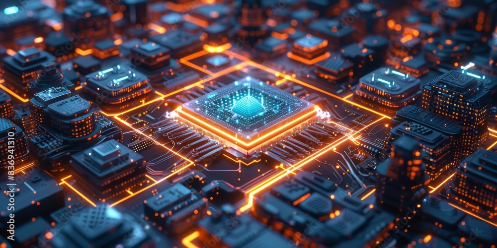 Aufkleber isometric view of a futuristic quantum computer chip with a glowing blue energy center, surrounded b