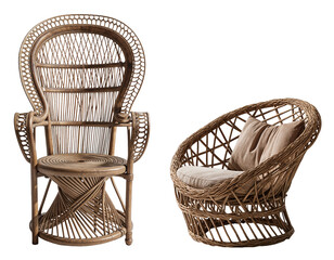Set of elegant wicker chairs with cushions isolated on a transparent background, Home Interior