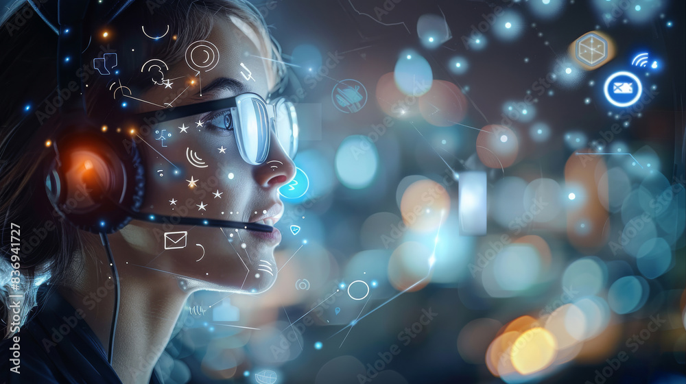 Aufkleber Customer service representative with headset, double exposure blending with tech support icons and satisfied customer reviews, demonstrating efficiency. Generative AI.
