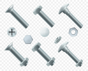 Set of steel bolts and hex nut isolated on white background. Realistic 3d stainless steel bolt and nut icon. screw-nuts and bolts. Isometric vector illustration