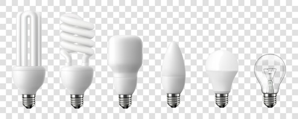 Set of LED light emitting diode energy saving light bulbs, economical light bulb and incandescent light bulb, isolated on transparent background, 3d vector realistic illustration.