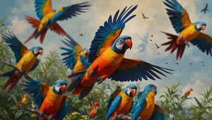 A poem capturing the vibrant colors and playful antics of a flock of parrots in flight  ai_generated