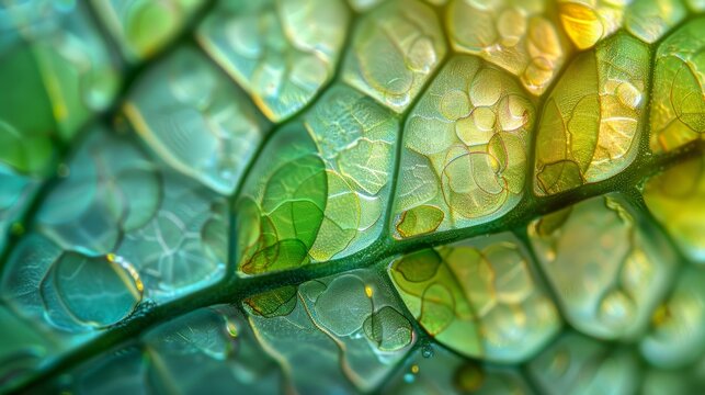 A cross-section view of a leaf under a microscope, revealing chloroplasts containing chlorophyll, the pigment responsible for absorbing sunlight in photosynthesis.