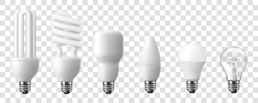 Set of LED light emitting diode energy saving light bulbs, economical light bulb and incandescent light bulb, isolated on transparent background, 3d vector realistic illustration.