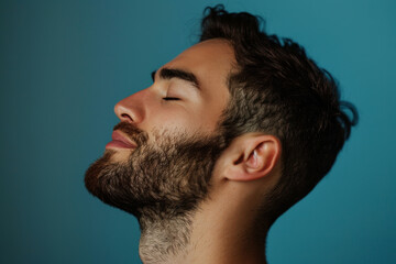 Obraz premium A close up of a man with beard and closed eyes looking to a side