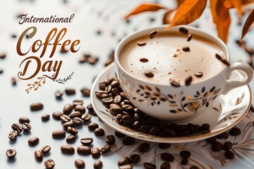 A banner with written International Coffee Day with a coffee cup and coffee beans on a clean surface with a big space for product or text, Generative AI. - Powered by Adobe