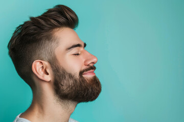 Obraz premium A close up of a man with beard and closed eyes looking to a side