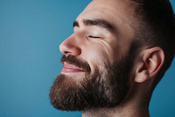 Obraz premium A close up of a man with beard and closed eyes looking to a side