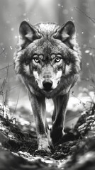 Intense Close-up of Angry Wolf with Piercing Eyes in Greyscale, Blurred Background, Winter Setting, Wild Animal Portrait
