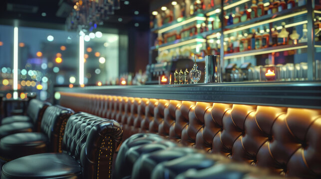 High class bar and night club, bar, leather booths in background. Generative AI.